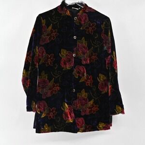 Vtg Velvet Metallic Jacket Womens Size S Whimsigoth Faux Fur Black Floral Button